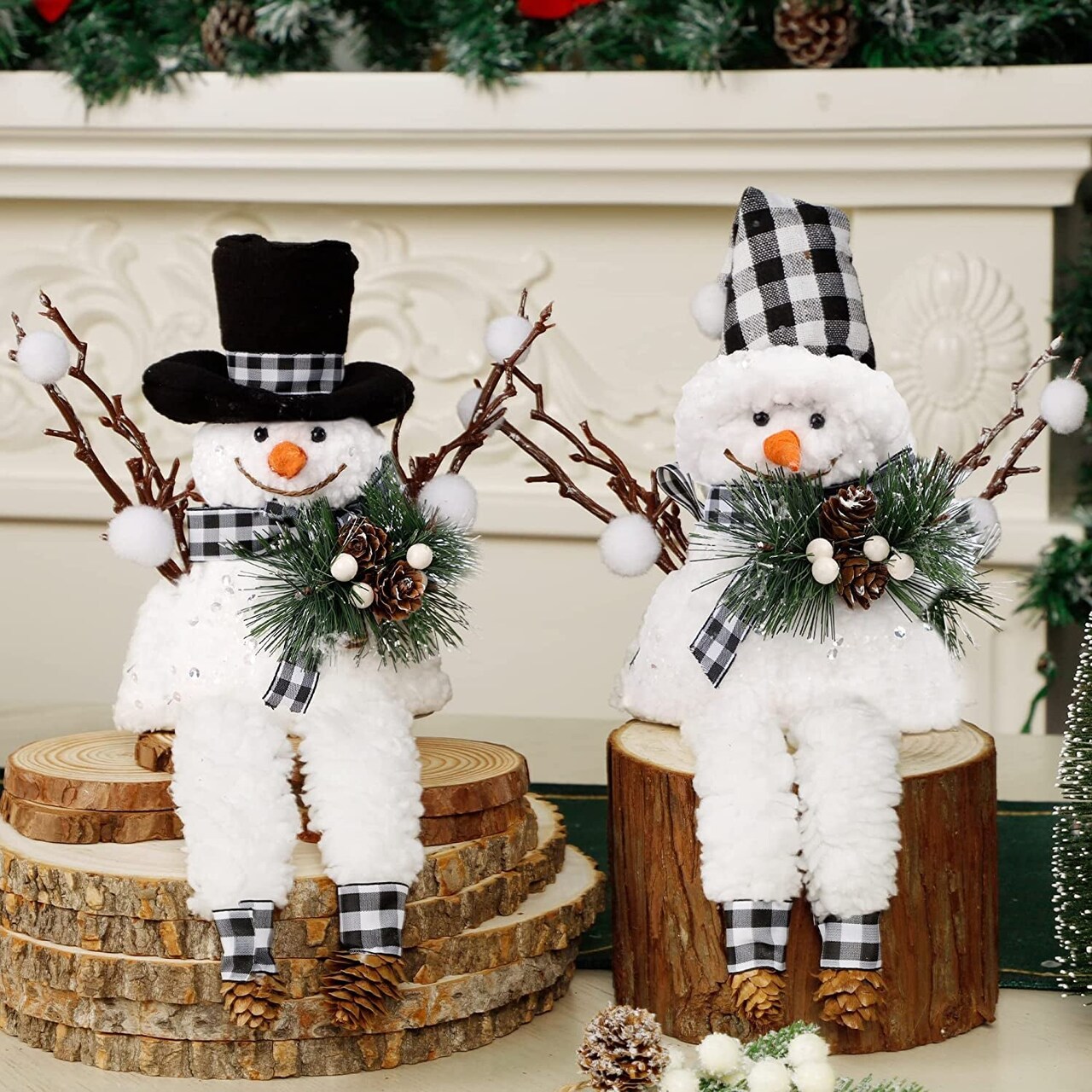 Christmas Snowman Ornaments for Table Mantel Desk Fireplace Home Holiday Decor (Red and Black)